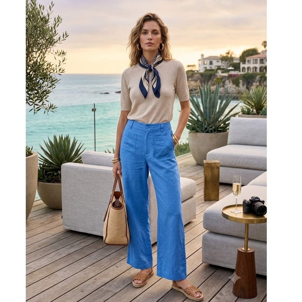 Nicole Miller Blue 100% Linen Wide Leg Patch‎ Pocket Pants 6 Euro Summer Coastal